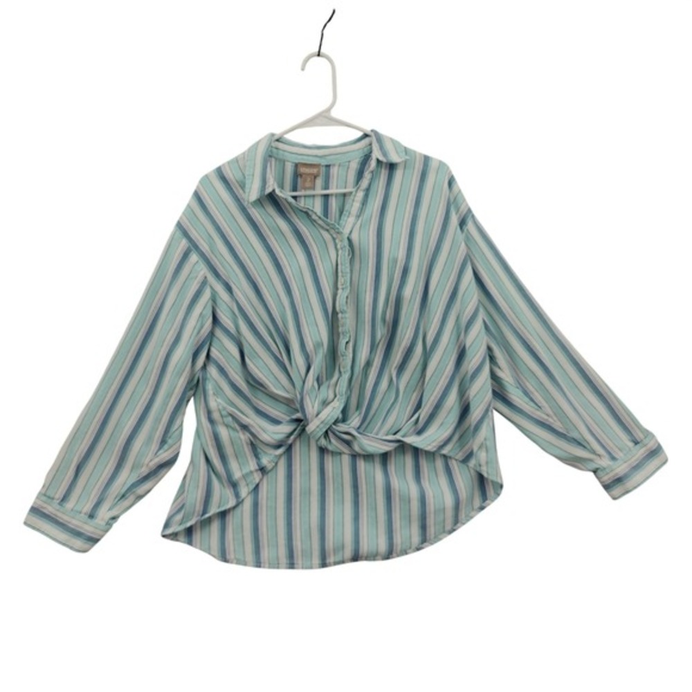 Chicos Womens Coastal Nautical Front Knot Striped Button Up Shirt 2 L Blue White
